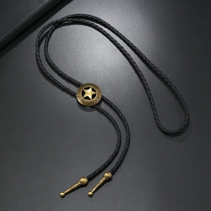 Cravatta bolo western vintage con ciondolo a stella in bronzo e cordino in pelle nera