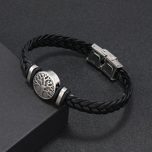 Men's braided black leather bracelet with stainless steel tree of life charm