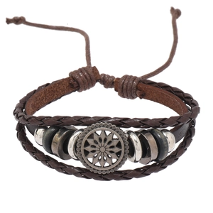Bracelet Vintage en Cuir Synthétique Tressé Multicouche pour Hommes Alliage Fleur de Soleil Réglable Bijoux Bohèmes Homme
