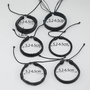 Men's 6-piece multi-layer black braided leather bracelet set with adjustable drawstring