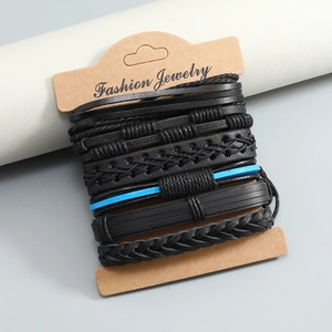 Detail of 6-piece set multilayer woven leather bracelets for men on fashion card display