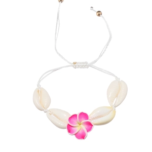Handmade shell and plumeria flower woven anklet bracelet with adjustable white wax cord