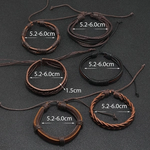 Macro detail of multi-layer woven leather bracelets with adjustable sliding cord closure