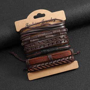 Men's multi-layer braided leather bracelet set with retro DIY beads and woven cords