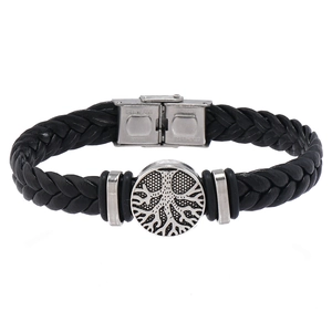 Men's black braided leather bracelet featuring a stainless steel tree of life charm