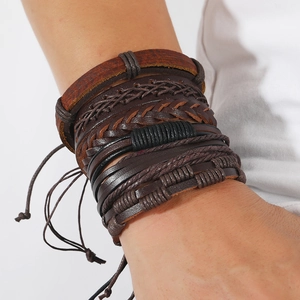 Men's retro multilayer braided leather bracelet set with adjustable brown wrap straps