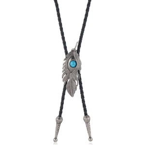 Vintage silver feather bolo tie with turquoise stone and black braided leather strap