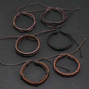Detailed view of 6-piece multilayer braided leather bracelets with adjustable wax ropes