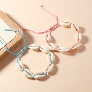 Handmade bohemian style shell anklet set with adjustable pink and blue woven ropes