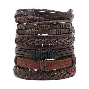 Men's multi-layer woven leather bracelet set in dark brown and black bohemian style