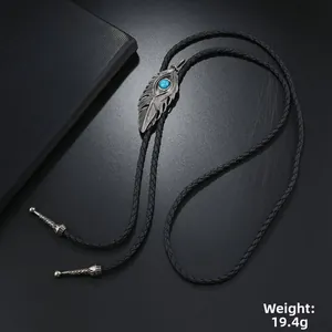Silver feather bolo tie with turquoise stone and black braided leather rope, weighs 19.4g