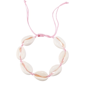 Handmade bohemian pink woven shell bracelet with seven natural cowrie shells on white background