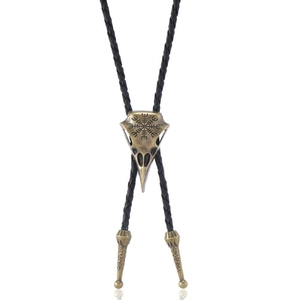 Corbata de bolo vintage con calavera de ave brújula vikinga y cordón de cuero negro