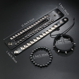 4pcs men's punk multi-layer leather bracelet set with metal studs and chains