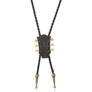 Cravatta bolo vintage a chitarra con incisione Country Music e cordino in pelle nera