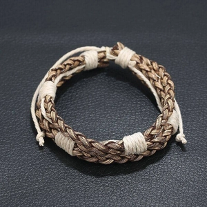 Retro woven brown leather bracelet with cream linen thread and adjustable drawstring design
