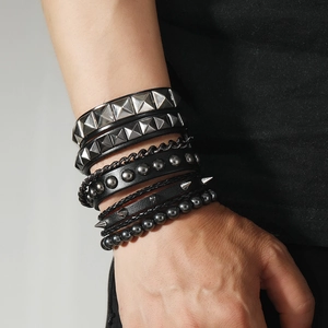 Men's punk multilayer leather bracelet set with metal studs, beads and chain links
