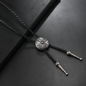 Vintage western bolo tie with antique silver cross pendant and black braided PU leather cord