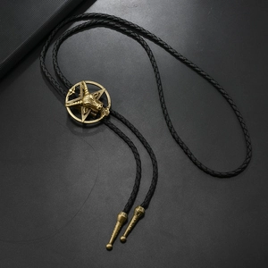 Vintage gold goat head pentagram bolo tie with black braided leather and metal tips
