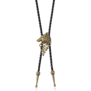 Corbata bolo vintage con colgante de cabeza de lobo en bronce y cordón de cuero trenzado