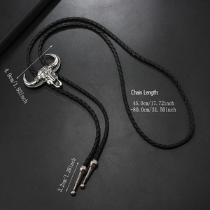 Detaillierte Größentabelle für Western-Bolo-Tie mit silbernem Stierschädel und Lederband
