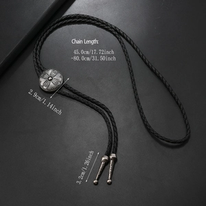 Detailed size parameters of vintage bolo tie with cross pendant and braided PU cord