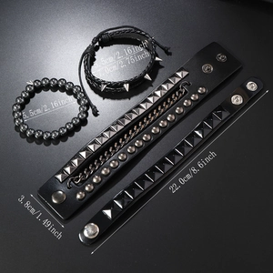 Detail view of 4-piece punk chain bracelet set with studs and sizing measurements