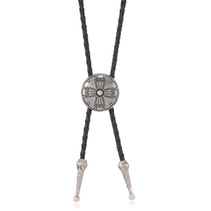 Vintage Western Cowboy Bolo Tie For Men Antique Silver Cross Pendant PU Leather Braided Rope Necklace Shirt Accessory Jewelry
