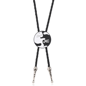 Vintage Unisex Katze Yin Yang Bolo Krawatte Retro Schwarz Leder Seil Legierung Emaille Anhänger Halskette Für Damen Herren Schmuck