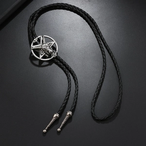 Gothic Baphomet goat pentagram Bolo tie with black woven rope and vintage metal tips