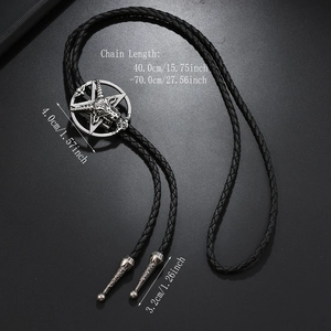 Detailed view of pentagram bolo tie with size measurements and woven leather cord