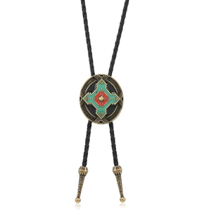 Cravatta Bolo Western Cowboy Vintage Collana Pendente Totem Geometrico per Uomo Donna Cordino in Pelle Intrecciata Cravatta Retro