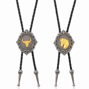 Cravate Bolo Cowboy de l'Ouest Vintage Pendentif Tête de Taureau Cheval en Alliage Cordon en Cuir Tressé Bijoux Homme
