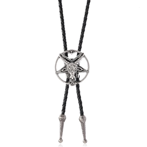 Retro silver Baphomet goat head bolo tie with black braided leather and metal tips