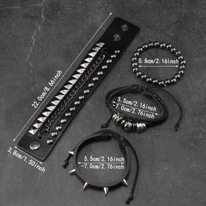 Detail view of 4pcs punk leather bracelet set with metallic studs and chain links