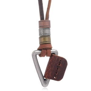 Brown leather necklace with vintage triangle pendant and antique metal beads