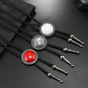 Vintage Western Cowboy Bolo Tie Retro Alloy Gemstone Leather Cord Adjustable Pendant Necklace For Men Women Hip Hop Jewelry