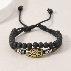 Vintage Ethnic Dzi Bead Pendant Necklace For Men Women Woven Wax Cord Braided Bracelet Retro Alloy Totem Jewelry Gift