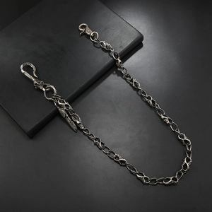 Hip hop style skull and feather trousers chain in vintage silver metal for men
