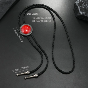 Detailed size chart for vintage bolo tie featuring a red gemstone and silver slider
