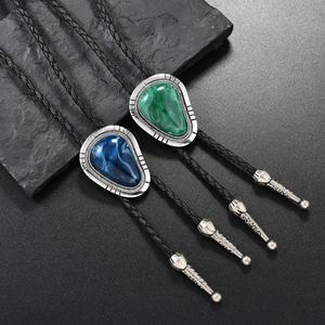 Western retro bolo tie featuring colorful acrylic gemstones and silver flower frame