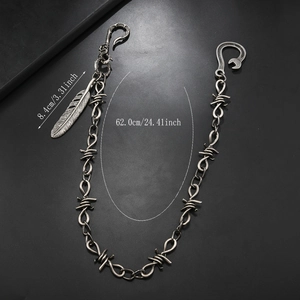 Hip hop style silver feather pendant on a barbed wire textured chain for jeans