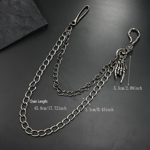 Punk skeleton hand double layer waist chain with rings and antique silver finish for jeans