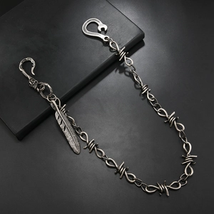 Hip hop feathered jeans chain with skull hooks and punk wire link design in retro silver finish