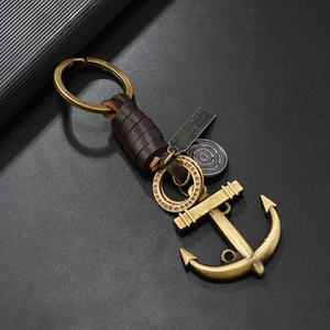 Retro bronze anchor keychain with dark brown leather pendant and engraved alloy plates