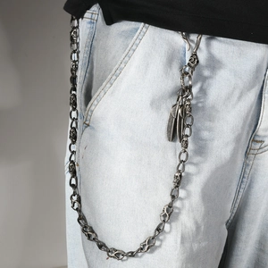 Vintage silver skull chain with feather pendants for men jeans and hip hop street style