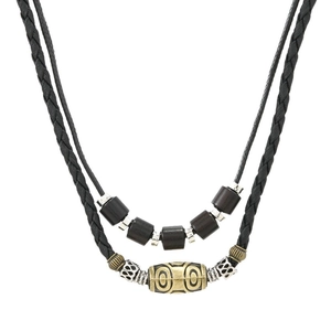 Vintage punk style double-layer necklace with woven rope and ethnic beaded pendant