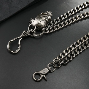 Chaîne de taille punk pour hommes avec crâne et double chaîne en métal argenté vieilli