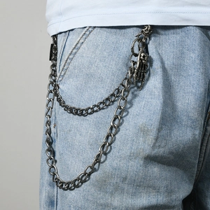 Hip hop street style double layer silver metal trousers chain with skull and bone hand charm