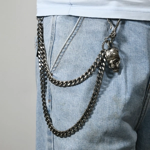 Chaîne de pantalon double avec pendentif tête de mort pour homme style rock